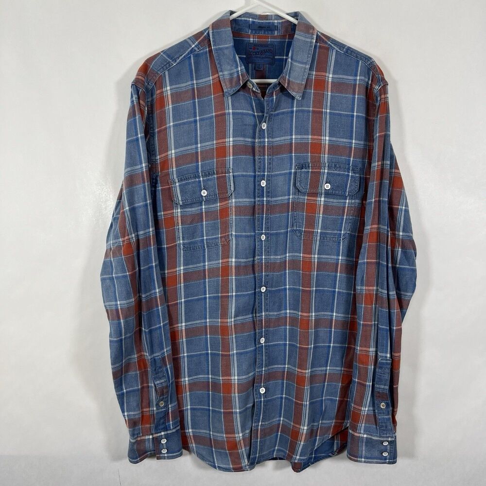 Lucky Brand Classic Fit Button Up Flannel Shirt Men Size Large Blue Orange Plaid